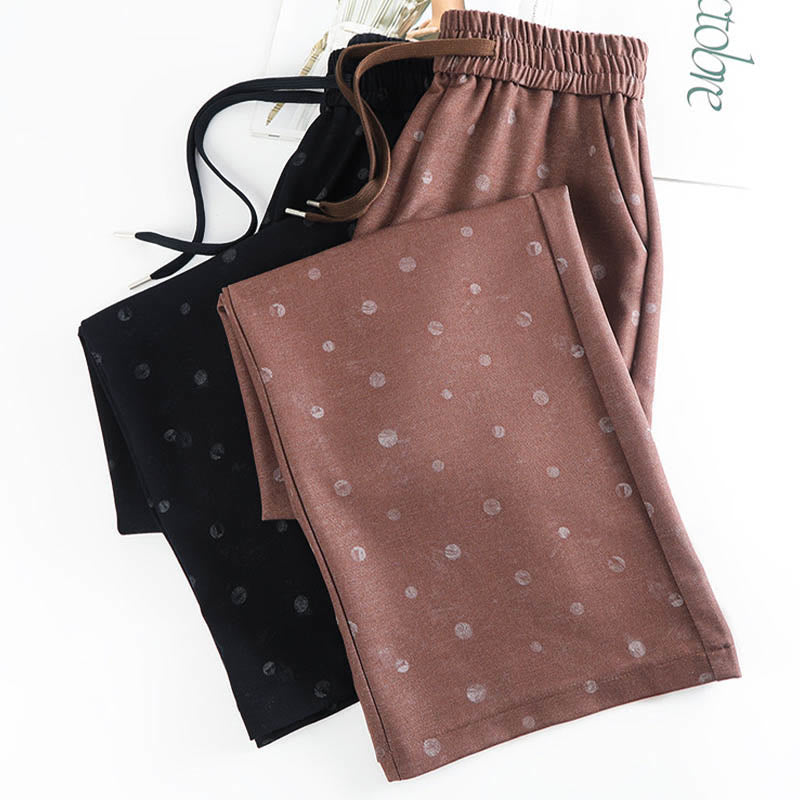 Casual White Dots Pattern Polyester Women's Wide Leg Pants With Pockets