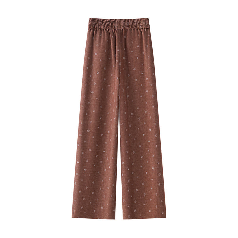 Casual White Dots Pattern Polyester Women's Wide Leg Pants With Pockets
