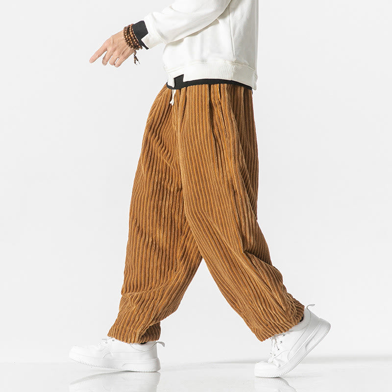 Retro Winter Solid Color Men's Drawstring Corduroy Harem Pants With Pockets