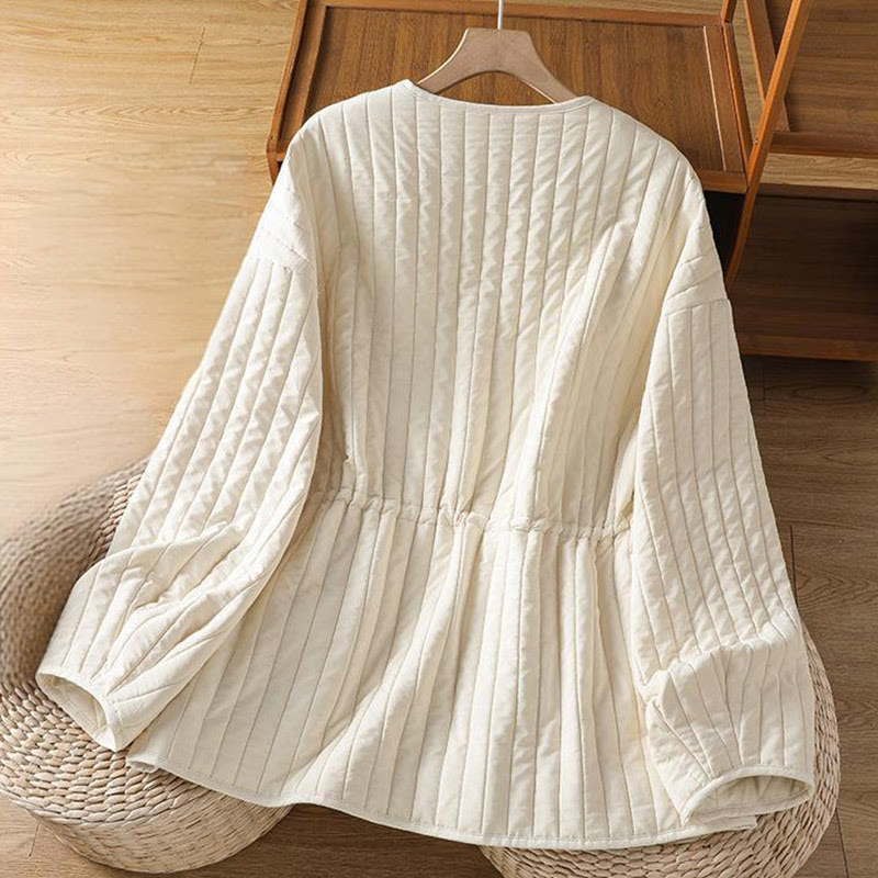 Women's Plain Crew Neck Drawstring Design Long Sleeve Cotton Jacket With Pocket