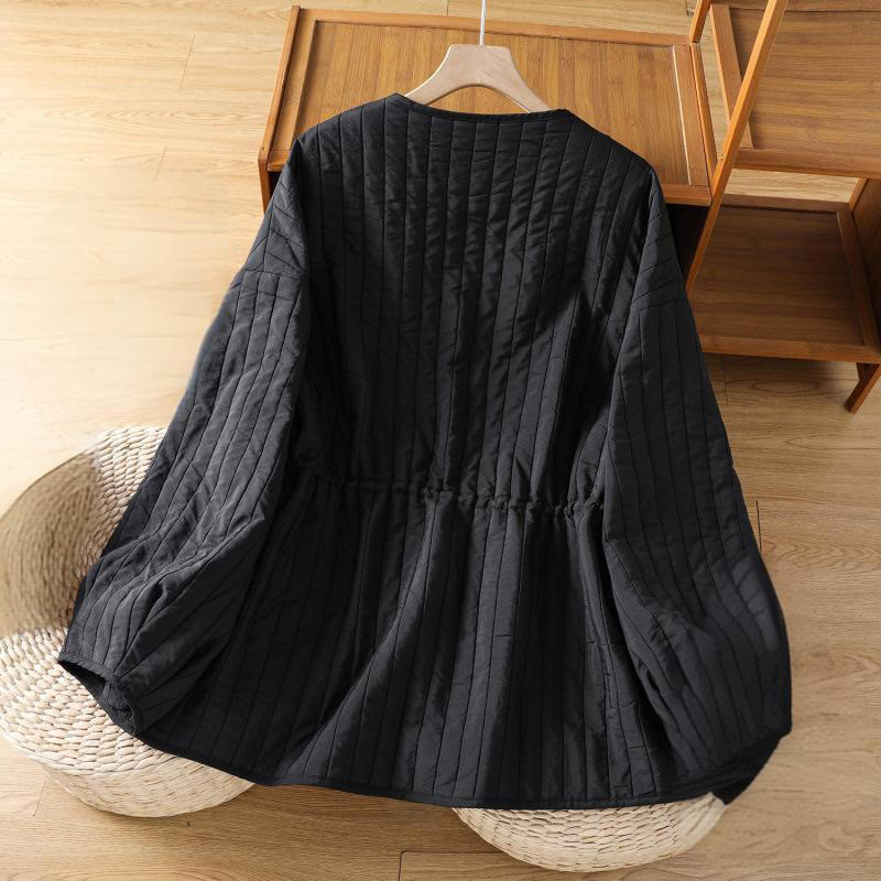 Women's Plain Crew Neck Drawstring Design Long Sleeve Cotton Jacket With Pocket