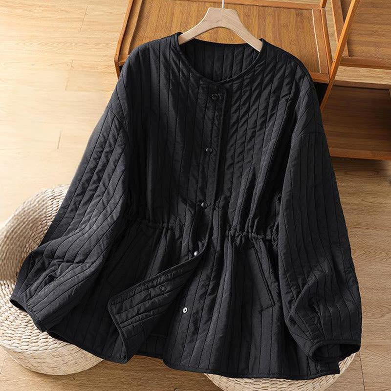 Women's Plain Crew Neck Drawstring Design Long Sleeve Cotton Jacket With Pocket