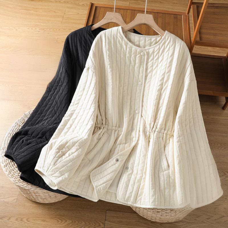 Women's Plain Crew Neck Drawstring Design Long Sleeve Cotton Jacket With Pocket