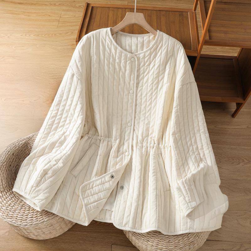 Women's Plain Crew Neck Drawstring Design Long Sleeve Cotton Jacket With Pocket