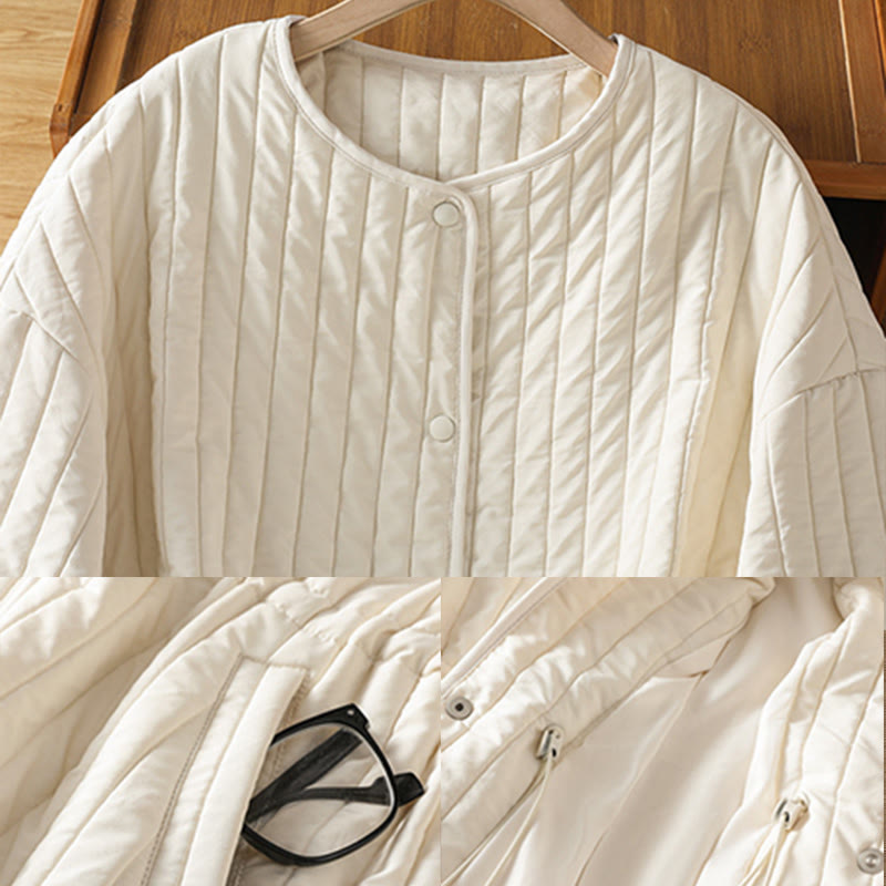 Women's Plain Crew Neck Drawstring Design Long Sleeve Cotton Jacket With Pocket