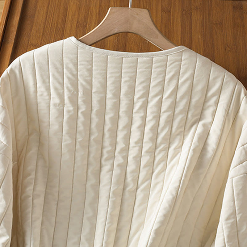 Women's Plain Crew Neck Drawstring Design Long Sleeve Cotton Jacket With Pocket