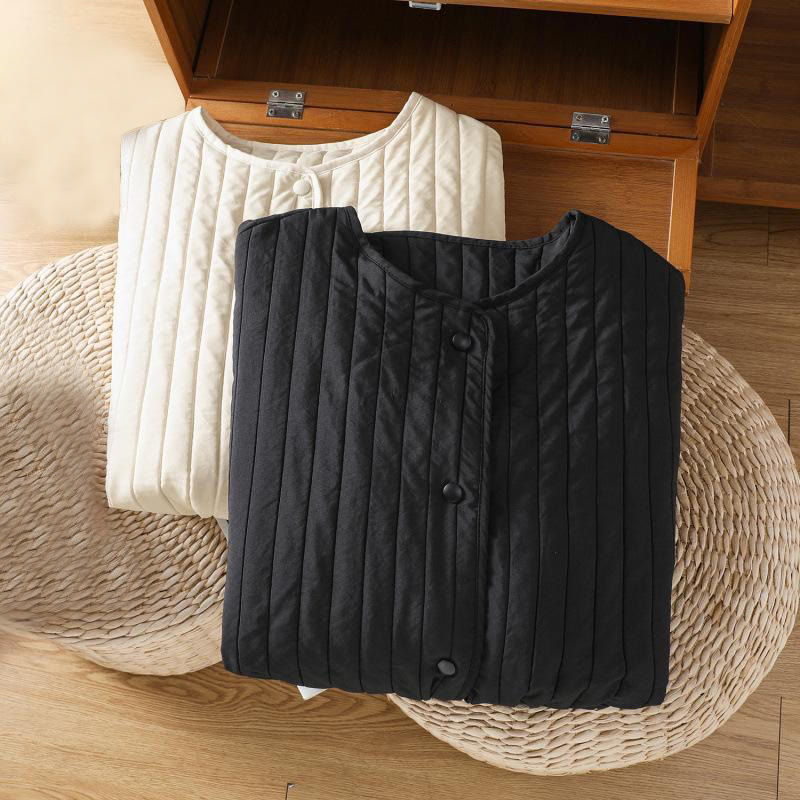 Women's Plain Crew Neck Drawstring Design Long Sleeve Cotton Jacket With Pocket