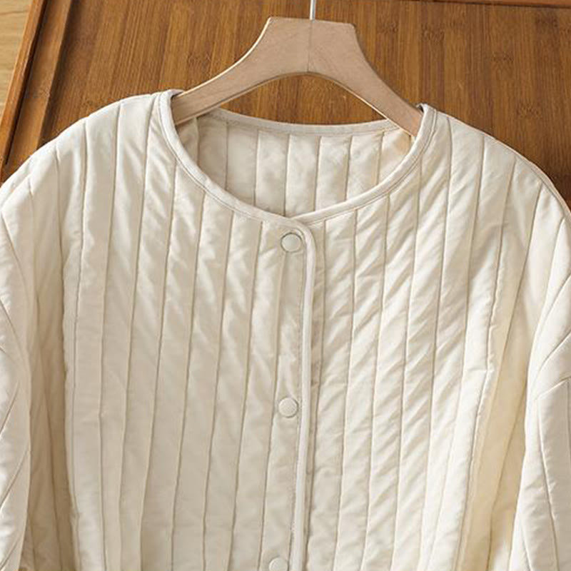 Women's Plain Crew Neck Drawstring Design Long Sleeve Cotton Jacket With Pocket