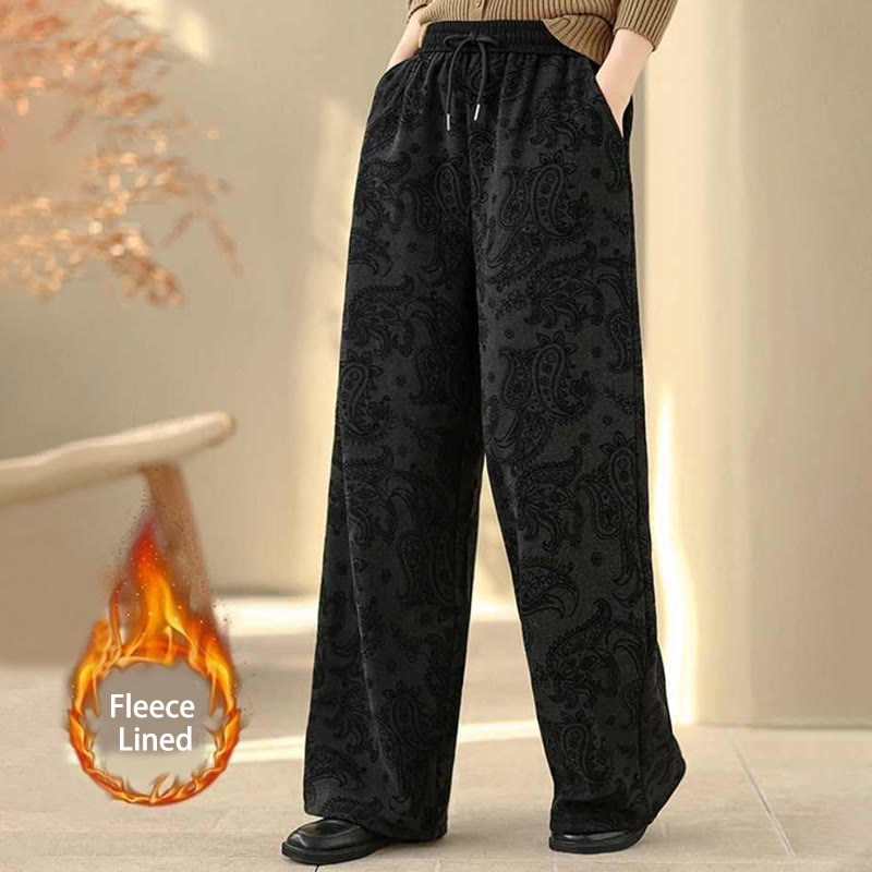 Jacquard Paisley Pattern Women's Wide Leg Thermal Fleece-Lined Cotton Pants With Pockets