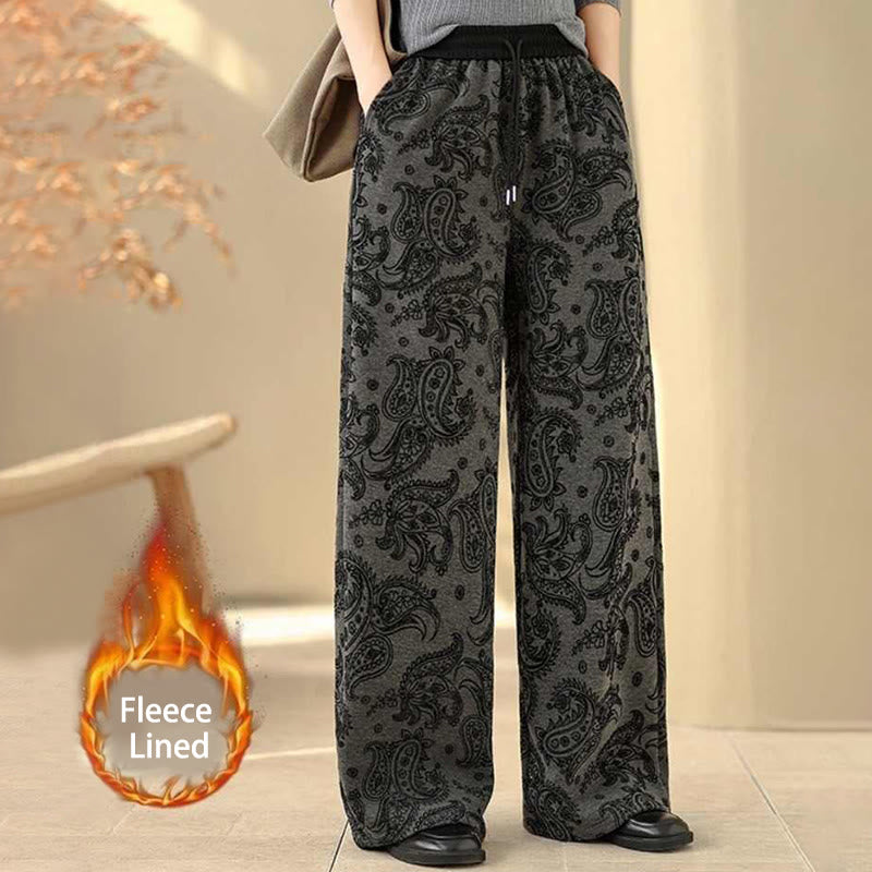 Jacquard Paisley Pattern Women's Wide Leg Thermal Fleece-Lined Cotton Pants With Pockets