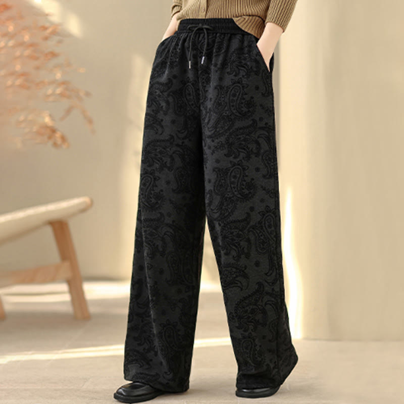 Jacquard Paisley Pattern Women's Wide Leg Thermal Fleece-Lined Cotton Pants With Pockets