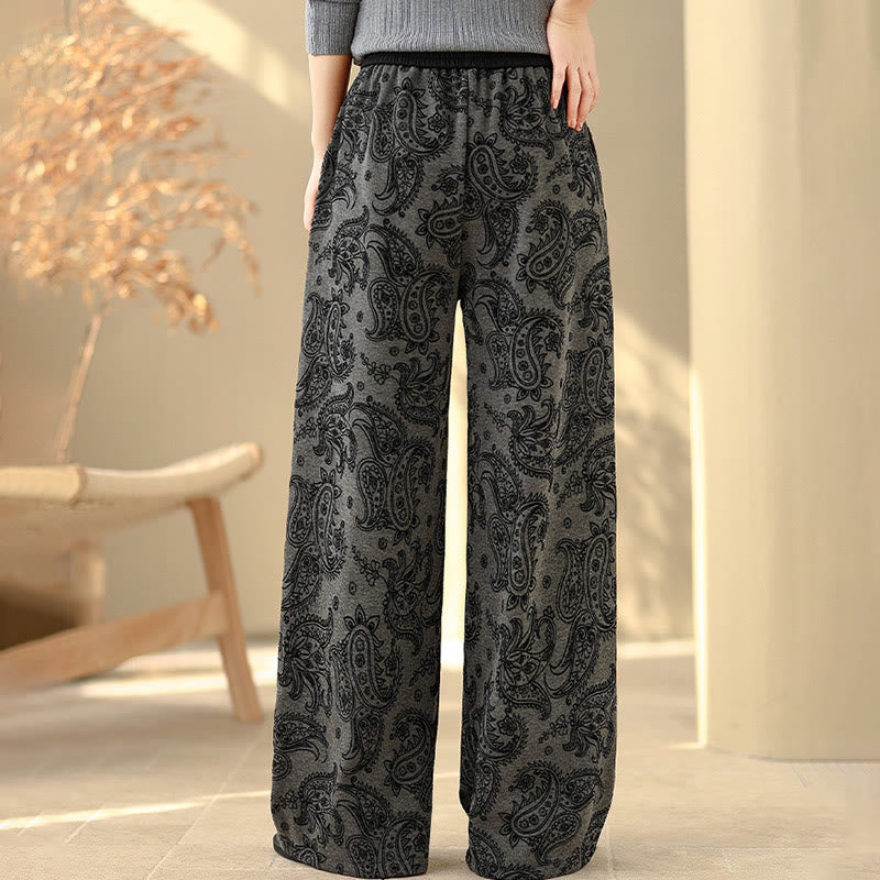Jacquard Paisley Pattern Women's Wide Leg Thermal Fleece-Lined Cotton Pants With Pockets