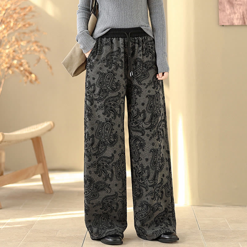Jacquard Paisley Pattern Women's Wide Leg Thermal Fleece-Lined Cotton Pants With Pockets