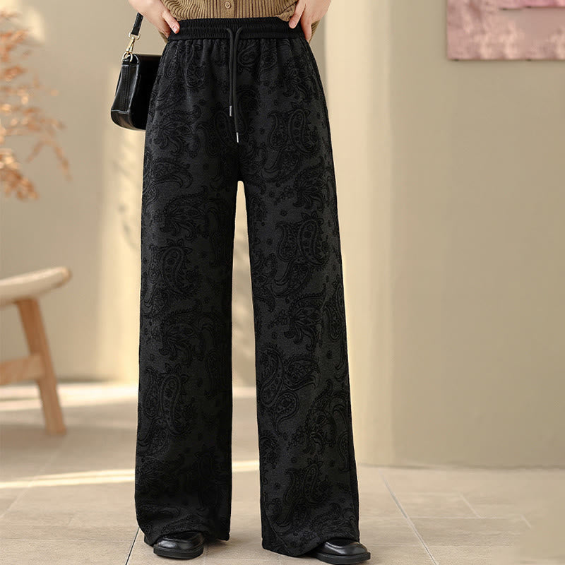 Jacquard Paisley Pattern Women's Wide Leg Thermal Fleece-Lined Cotton Pants With Pockets