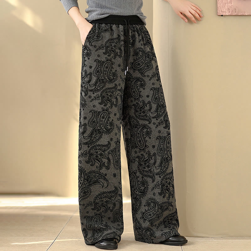 Jacquard Paisley Pattern Women's Wide Leg Thermal Fleece-Lined Cotton Pants With Pockets