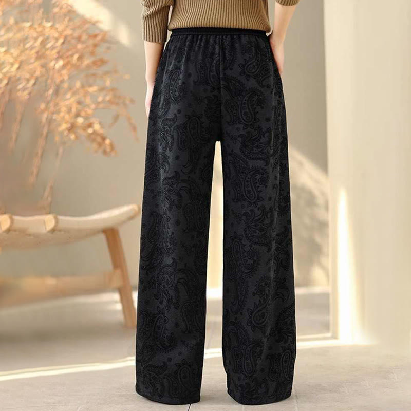 Jacquard Paisley Pattern Women's Wide Leg Thermal Fleece-Lined Cotton Pants With Pockets