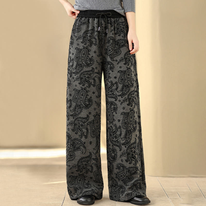 Jacquard Paisley Pattern Women's Wide Leg Thermal Fleece-Lined Cotton Pants With Pockets