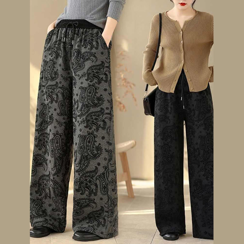Jacquard Paisley Pattern Women's Wide Leg Thermal Fleece-Lined Cotton Pants With Pockets