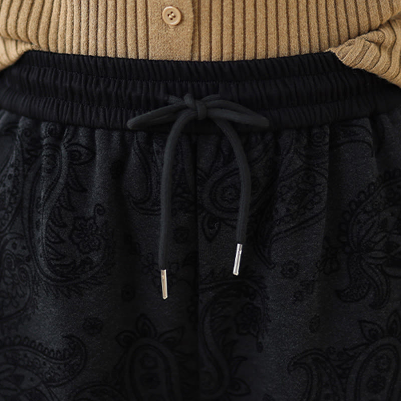 Jacquard Paisley Pattern Women's Wide Leg Thermal Fleece-Lined Cotton Pants With Pockets