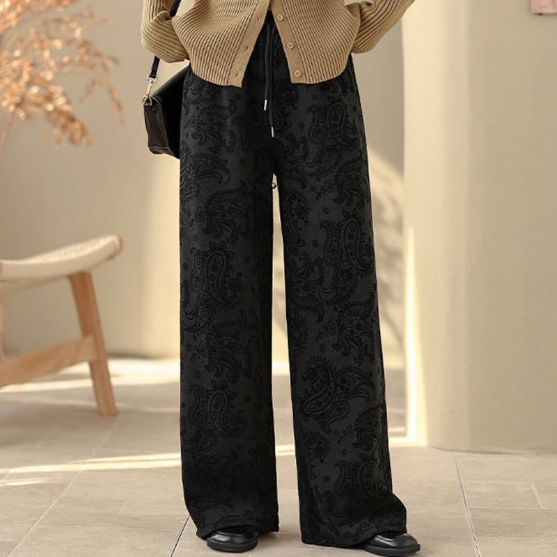 Jacquard Paisley Pattern Women's Wide Leg Thermal Fleece-Lined Cotton Pants With Pockets