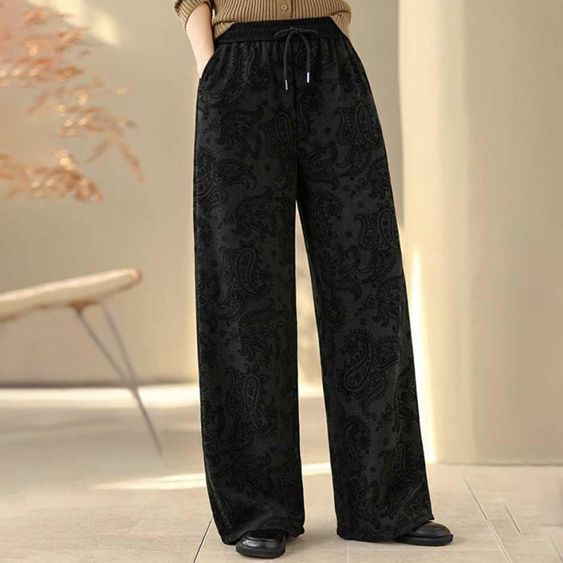 Jacquard Paisley Pattern Women's Wide Leg Thermal Fleece-Lined Cotton Pants With Pockets