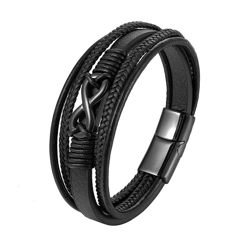 Modern Multilayered Leather & Titanium Steel Infinity Bracelet (Gold Finish Available)