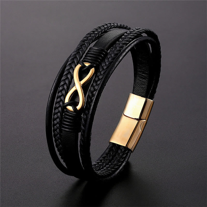 Modern Multilayered Leather & Titanium Steel Infinity Bracelet (Gold Finish Available)