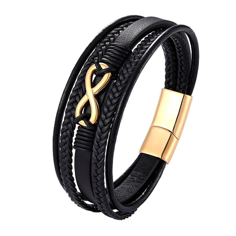 Modern Multilayered Leather & Titanium Steel Infinity Bracelet (Gold Finish Available)