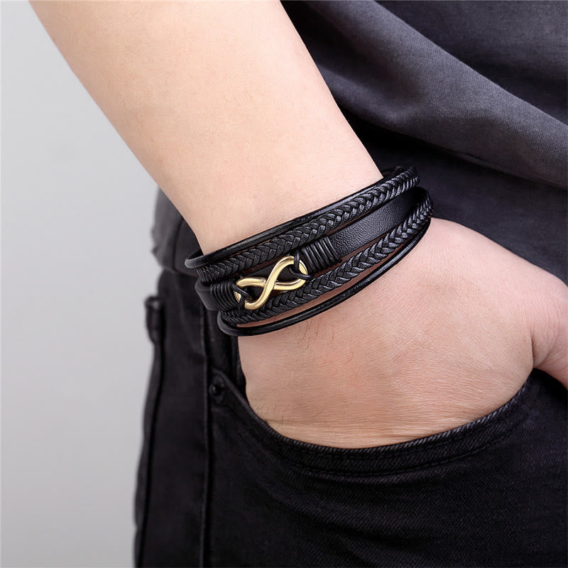 Modern Multilayered Leather & Titanium Steel Infinity Bracelet (Gold Finish Available)