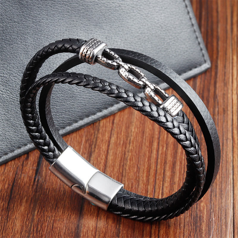 Handmade Chain Link Titanium Steel and Leather Layered Bracelet