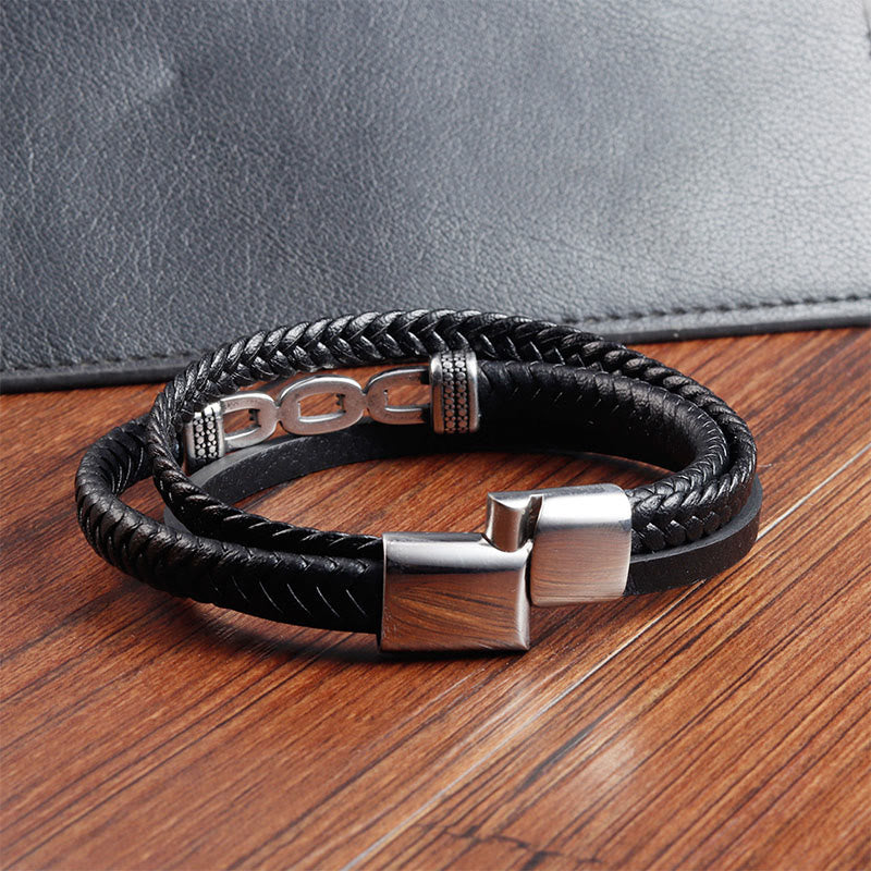Handmade Chain Link Titanium Steel and Leather Layered Bracelet