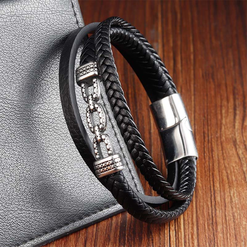 Handmade Chain Link Titanium Steel and Leather Layered Bracelet