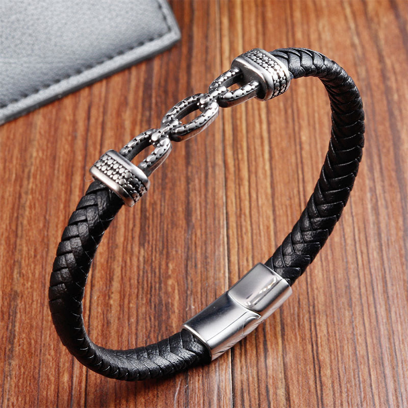 Handmade Chain Link Titanium Steel and Leather Layered Bracelet