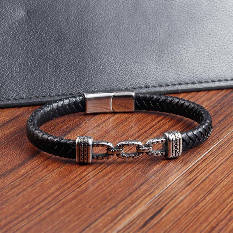 Handmade Chain Link Titanium Steel and Leather Layered Bracelet
