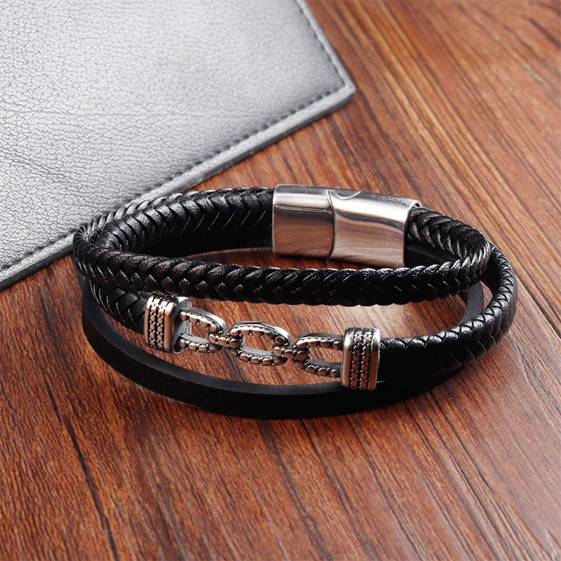 Handmade Chain Link Titanium Steel and Leather Layered Bracelet
