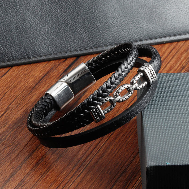 Handmade Chain Link Titanium Steel and Leather Layered Bracelet
