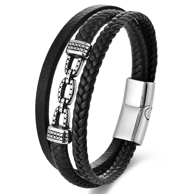 Handmade Chain Link Titanium Steel and Leather Layered Bracelet