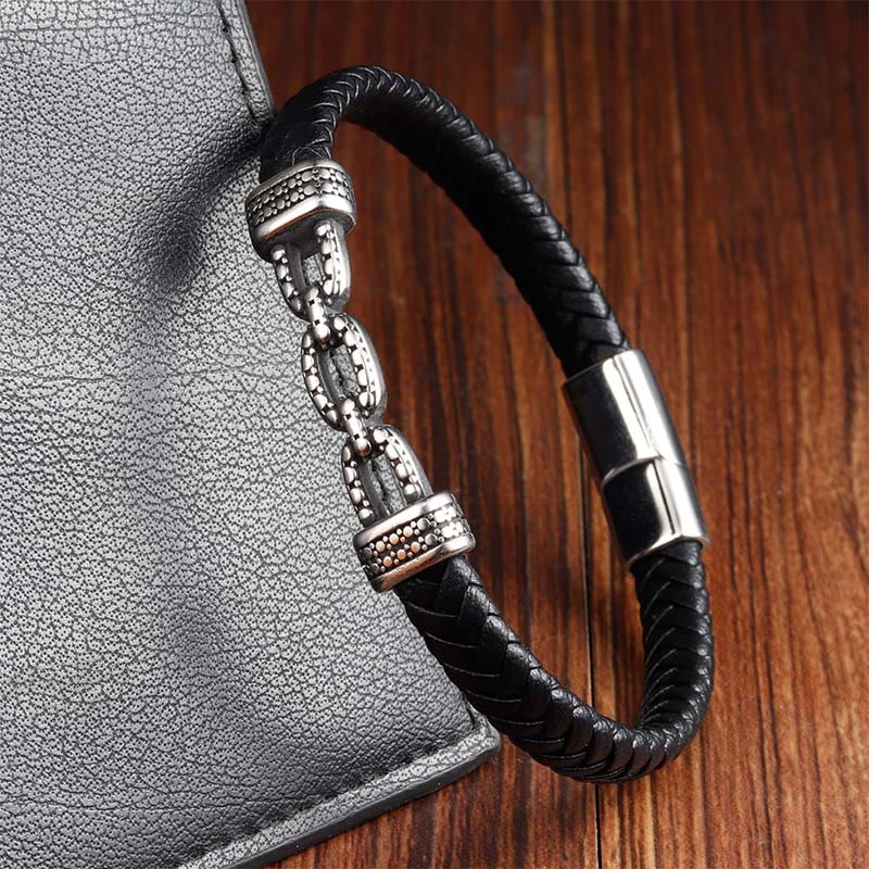 Handmade Chain Link Titanium Steel and Leather Layered Bracelet