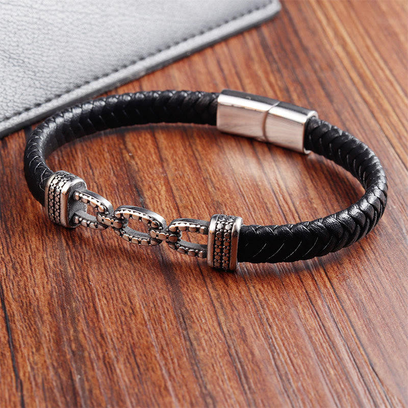 Handmade Chain Link Titanium Steel and Leather Layered Bracelet
