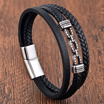 Handmade Chain Link Titanium Steel and Leather Layered Bracelet