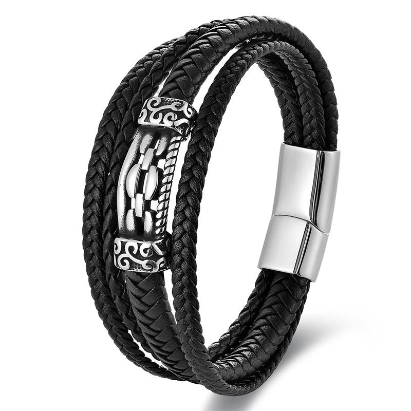 Titanium Steel & Leather Chain Link Braided Bracelet for Balance
