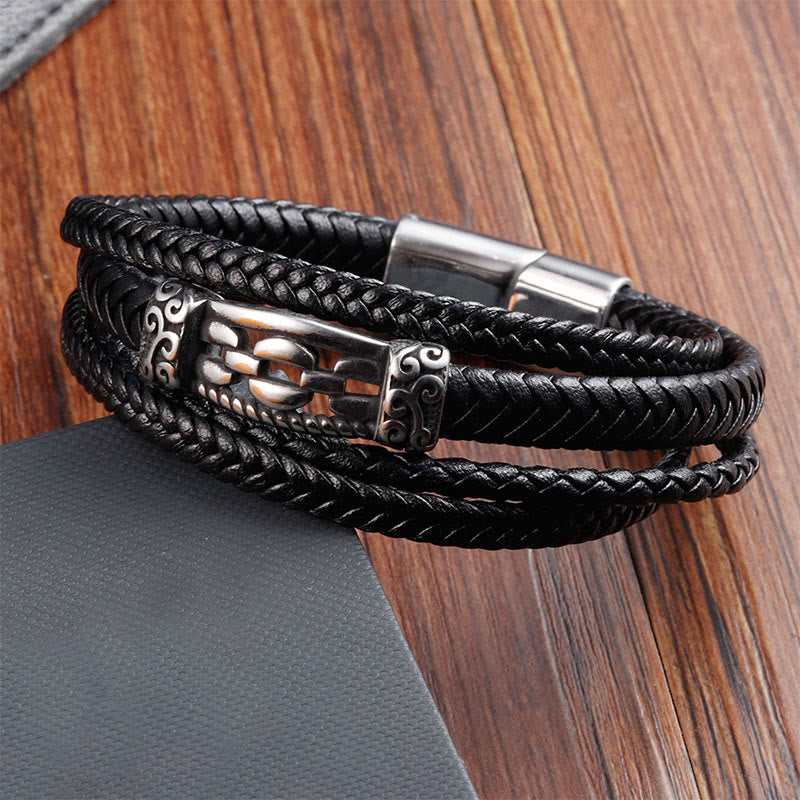 Titanium Steel & Leather Chain Link Braided Bracelet for Balance