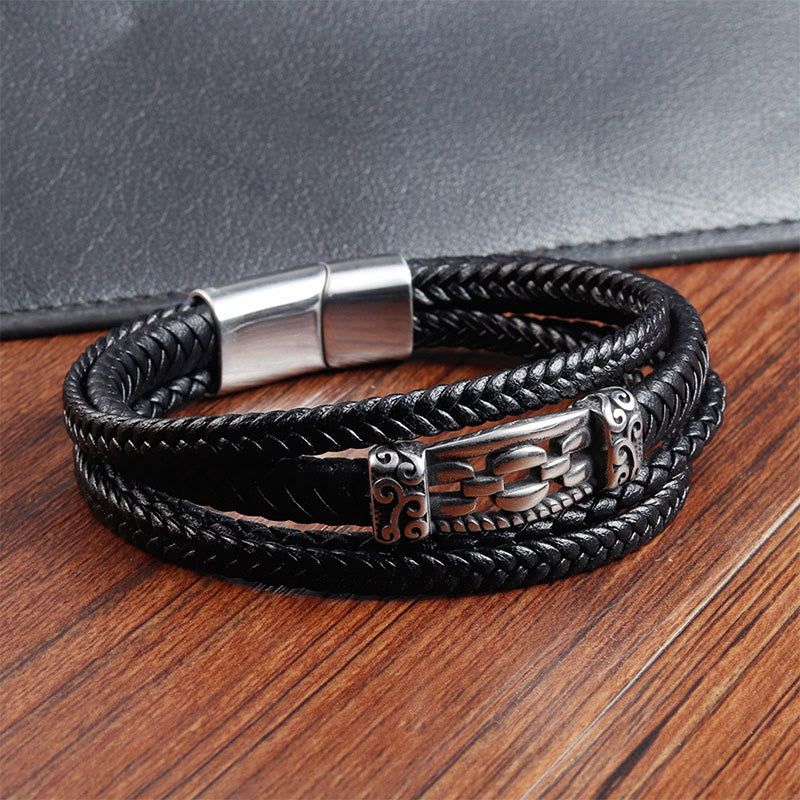 Titanium Steel & Leather Chain Link Braided Bracelet for Balance
