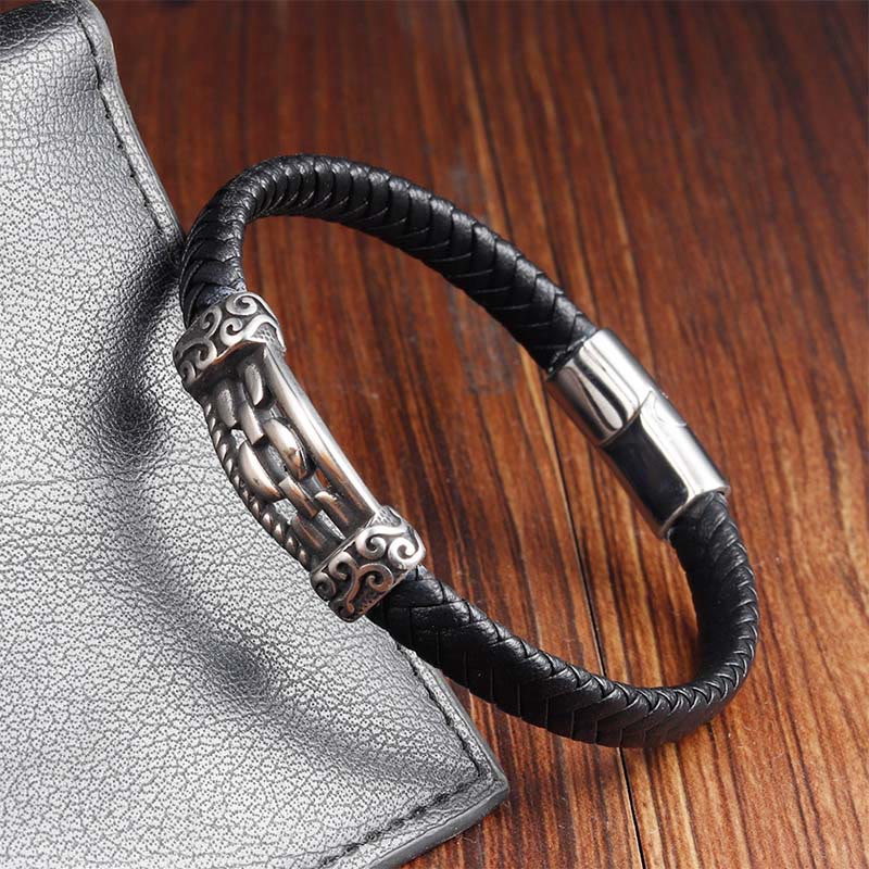 Titanium Steel & Leather Chain Link Braided Bracelet for Balance