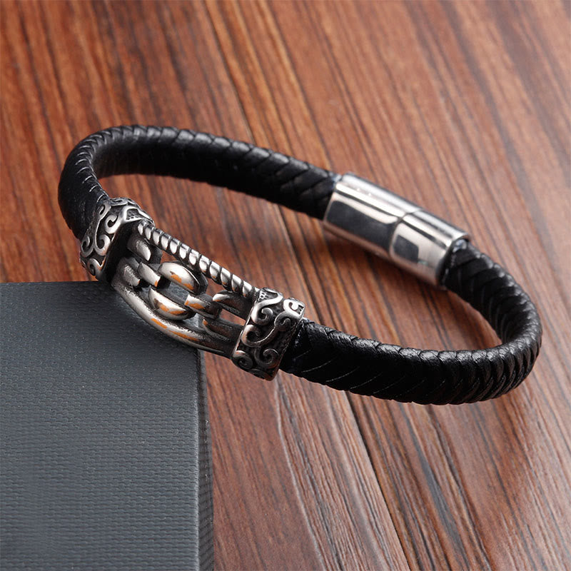 Titanium Steel & Leather Chain Link Braided Bracelet for Balance