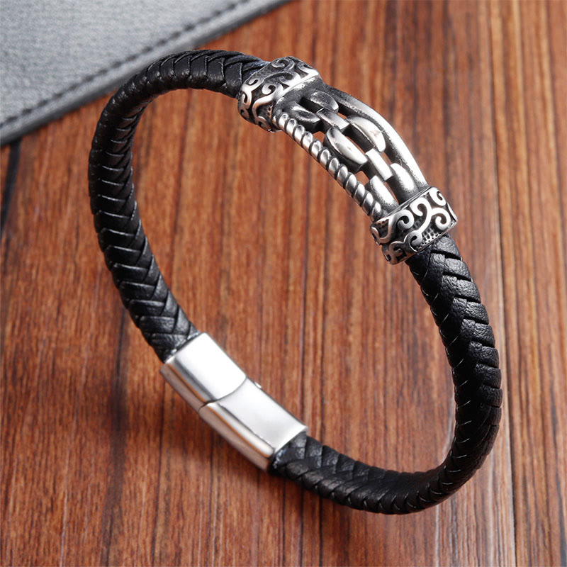 Titanium Steel & Leather Chain Link Braided Bracelet for Balance