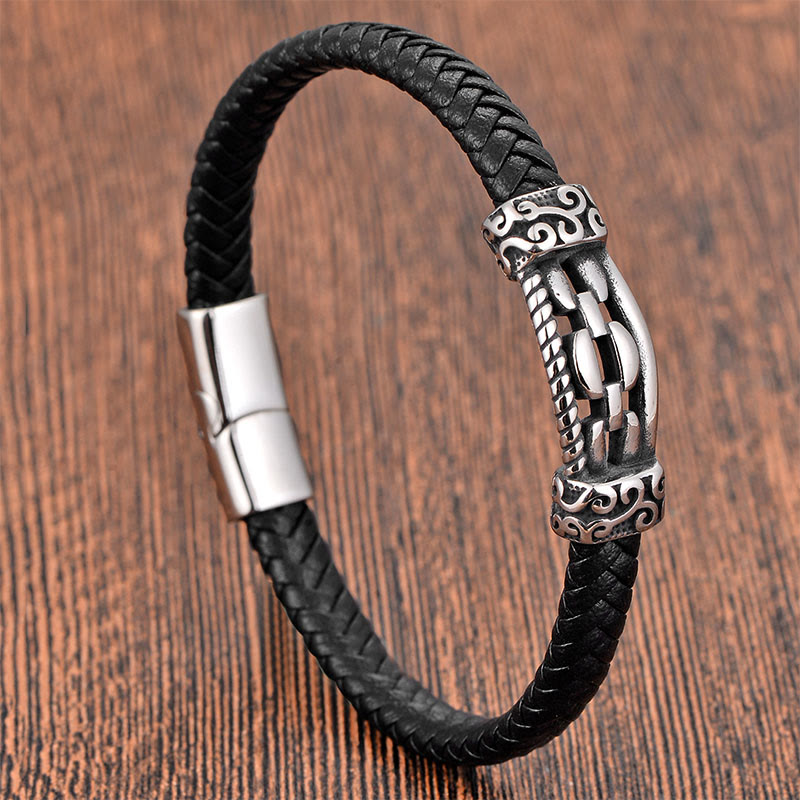 Titanium Steel & Leather Chain Link Braided Bracelet for Balance