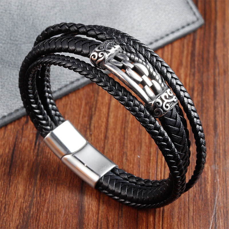 Titanium Steel & Leather Chain Link Braided Bracelet for Balance