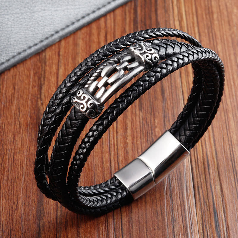 Titanium Steel & Leather Chain Link Braided Bracelet for Balance