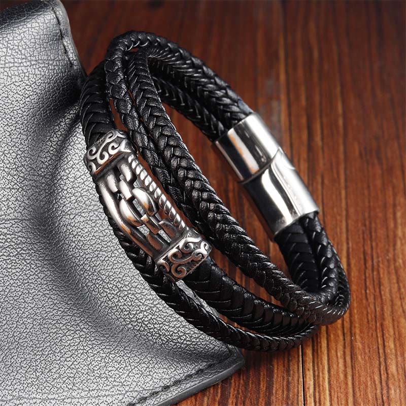 Titanium Steel & Leather Chain Link Braided Bracelet for Balance